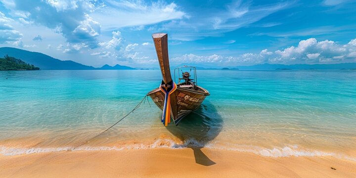 An enchanting sight of a traditional long boat docked by the vibrant coastline of the Andaman Sea, with the sun-kissed sands and crystal-clear waters creating a postcard-perfect scene.