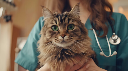 Female veterinarian holds sick cat close-up. Diagnostics of pets health clinic concept