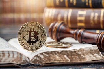 Bitcoin coin in front of gavel on legal book - Concept of cryptocurrency regulation, legal challenges, and blockchain technology law - obrazy, fototapety, plakaty