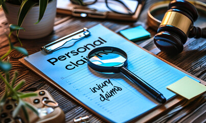 Detailed preparation for personal injury claims with notepad, pen, magnifying glass, and sticky note on a wooden desk highlighting legal documentation