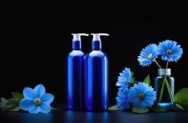 Obraz na płótnie Canvas Blue bottles without inscriptions for shampoo on a black background with flowers in backlight with space for text