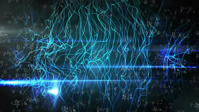 Animation of light trails over mathematical equations on black background