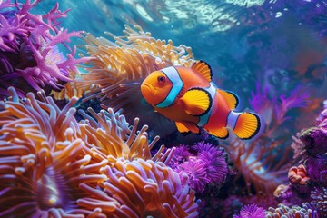 Fototapeta na wymiar KS Colorful clown fish swimming in anemones