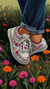Illustration of female legs in jeans and white sneakers with a floral print in a dance position on grass among flowers. Sports shoes close up.
