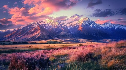 Vibrant sunset mountain landscape: majestic peaks aglow in nature's beauty