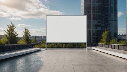 Obraz premium An empty huge poster mockup on the roof of a mall, white template placeholder of an advertising billboard on the rooftop of a modern building framed by trees, blank mock-up of an outdoor info banner