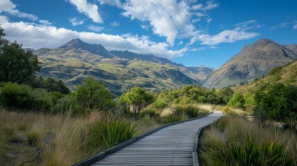 Scenic queenstown: majestic mountains and boardwalk on new zealand's stunning trail
