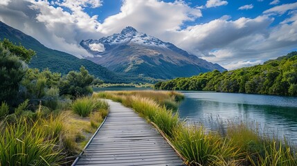 Scenic queenstown: majestic mountains and boardwalk on new zealand's stunning trail - obrazy, fototapety, plakaty