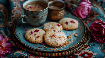 Close up on traditional Indian lavender cookies with cups of chai on a blue plate and flowers in the back