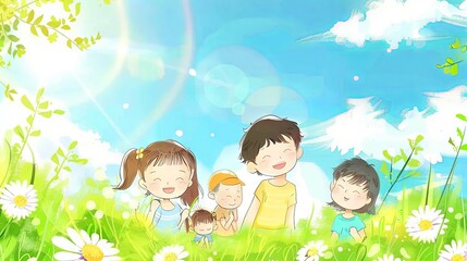 Happy kids playing on the grass- Illustration, cartoon background