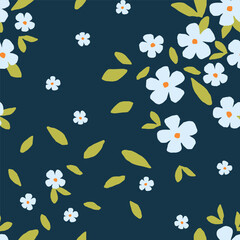 Simple gentle floral vector seamless pattern. Forget-me-not flowers, green foliage on dark blue background. For prints of fabrics, textiles, clothes. Spring summer collection.