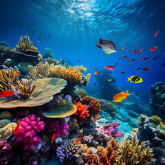 A vibrant underwater coral reef with diverse marine life