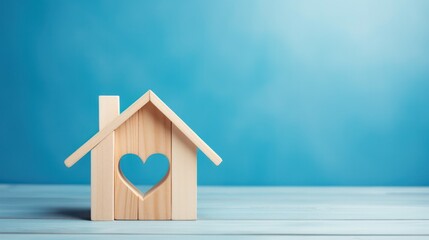 Home heart shape on wooden and blue background, copy space.