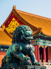 Beijing, China - April 17 2019: A gilded lion in front of the Hall of Mental Cultivation in...