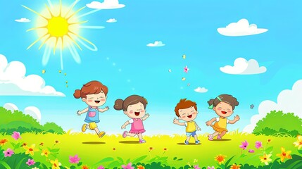 Happy kids playing on the grass- Illustration, cartoon background