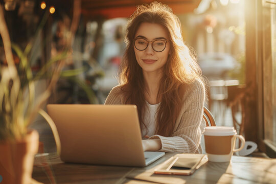 Beautiful woman wearing glassed, sitting at the cafe with a laptop, big cup of coffee beside her