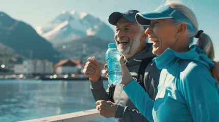 Gordijnen seniors doing jogging exercise in a park with water bottles © Marco