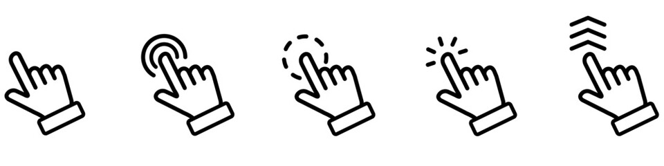Hand cursor icon set for app. Finger swipe symbol. Cursor click web icon. Hand pointer sign. Tap the button symbol. Tap, hold and swipe pictogram. - obrazy, fototapety, plakaty