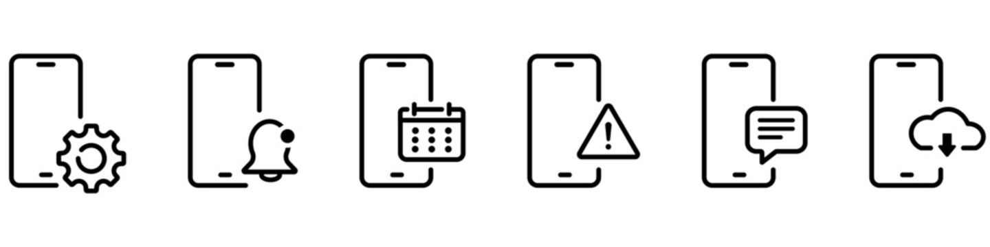Set of smartphone application notification icons. Phone settings up, agenda reminder, error alert, sms chat, cloud memory vector symbols. Thin vector mobile download sign.