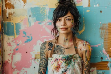 Young Female Artist with Tattoos Standing in Front of Colorful Abstract Paintings in Art Studio