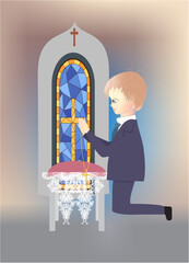  composition with a boy and characteristic symbols of Holy Communion