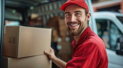 Smiling delivery man in red uniform holding cardboard box and looking at camera. Delivery service concept
