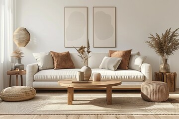 A living room with a white sofa, wooden coffee table and side tables, beige rug on the floor, plants in vases, framed artwork on the wall above the couch, neutral color scheme, cozy atmosphere.