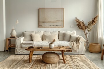 A living room with a white sofa, wooden coffee table and side tables, beige rug on the floor,...