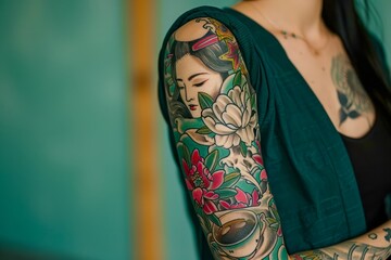 Close-up of Colorful Traditional Tattoo Art on Female Arm with Floral Design Against Turquoise Background