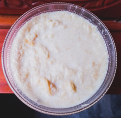 Rice kheer Tasty rice pudding with nuts and raisins in a bowl close.Semiya payasam or shewai or sewai Khir or seviyan.