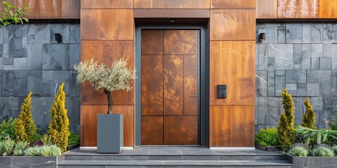 Massive wooden entrance door to modern white house with paving footpath in the city. New, modern architecture, exterior design