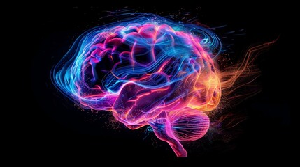 Neon brain illustration depicting neural activity,