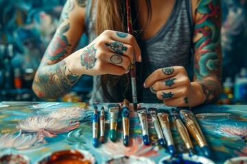 Creative Tattooed Female Artist Painting with Brushes in Artistic Studio with Vibrant Colors