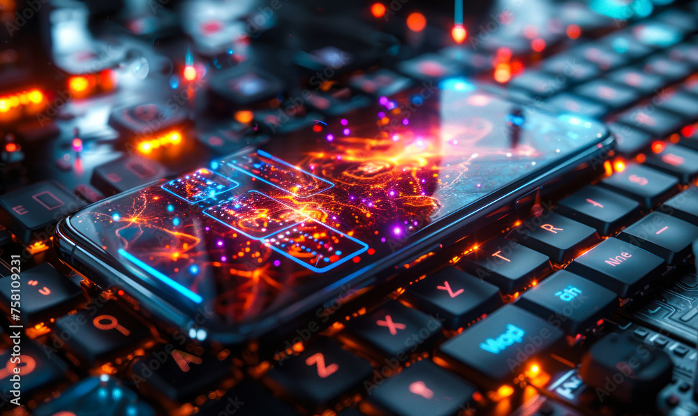 Poster futuristic smartphone on a keyboard with glowing digital checklist, confirming task completion, high