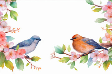 pair of love birds on a branch cute watercolor, pink flowers, watercolor isolated on transparent background, romantic illustration for your design card