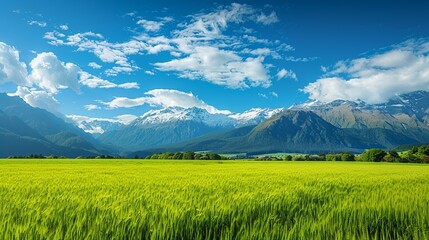 Idyllic summer scene: new zealand's majestic mountain range, verdant fields, and azure sky in the...
