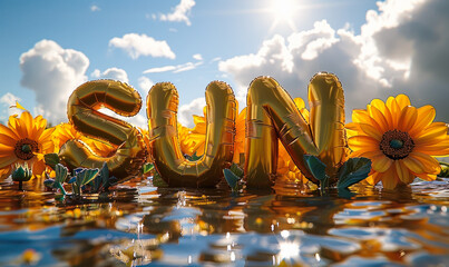 The word SUN spelled out with inflatable golden letters floating amongst vibrant yellow flowers against a bright blue sky with the sun's rays shining through