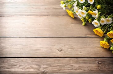 Yellow and white summer flowers in the upper right corner of the frame lie on a light colored wooden surface, banner with space for text