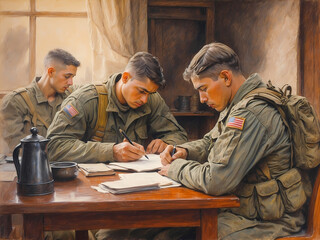 soldiers writing letters to loved ones back home, their expressions reflecting a mix of hope and sorrow - obrazy, fototapety, plakaty