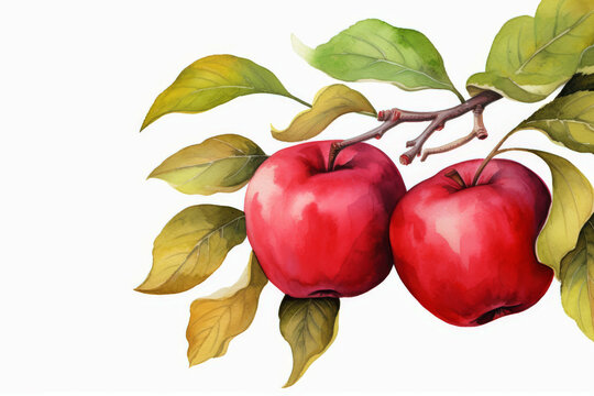 apples on a branch isolated on transparent background,watercolor,  fruit clipart.