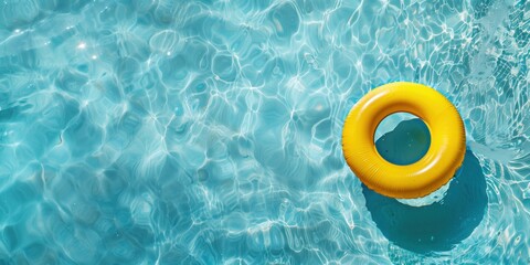 Bright yellow float bobs on the sunlit, shimmering surface of a crystal clear pool, evoking the essence of summer fun and relaxation - obrazy, fototapety, plakaty