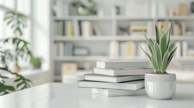 White table with books over a blurred modern white study room in the background
