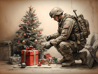 A soldier decorating a small Christmas tree with makeshift ornaments, bringing a touch of holiday cheer to the desolate battlefield - obrazy, fototapety, plakaty