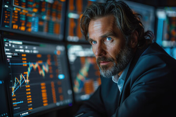 Business man trading currency and looking chart monitor abstract background. Generative ai.