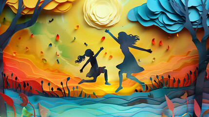 mother and child jumping near the peddle, vibrant colors and mother's day concept, paper cut style	