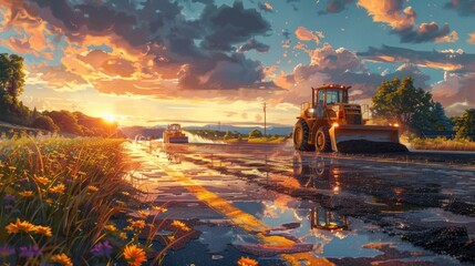 Asphalt Road Construction at Sunset: A Painting with Textured Brush Strokes - obrazy, fototapety, plakaty