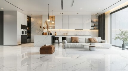 Luxurious interior design living room and white kitchen. Open plan interior. 3d rendering