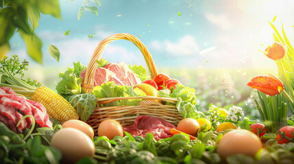 A basket of vegetables, meat and eggs is placed on the ground with farm background - Powered by Adobe