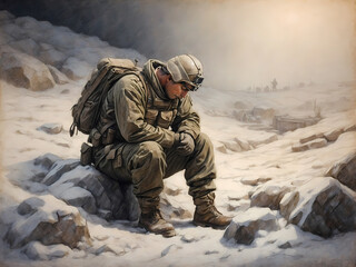 A soldier kneeling in prayer amidst the snowy trenches, seeking solace and strength in the midst of chaos - obrazy, fototapety, plakaty