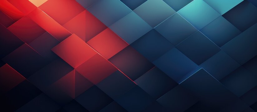Origami-style geometric background with blurred dark blue and red rectangles.